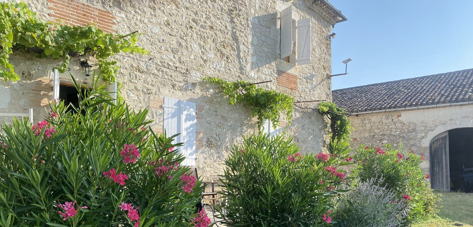 Main house facade with blooming oleander